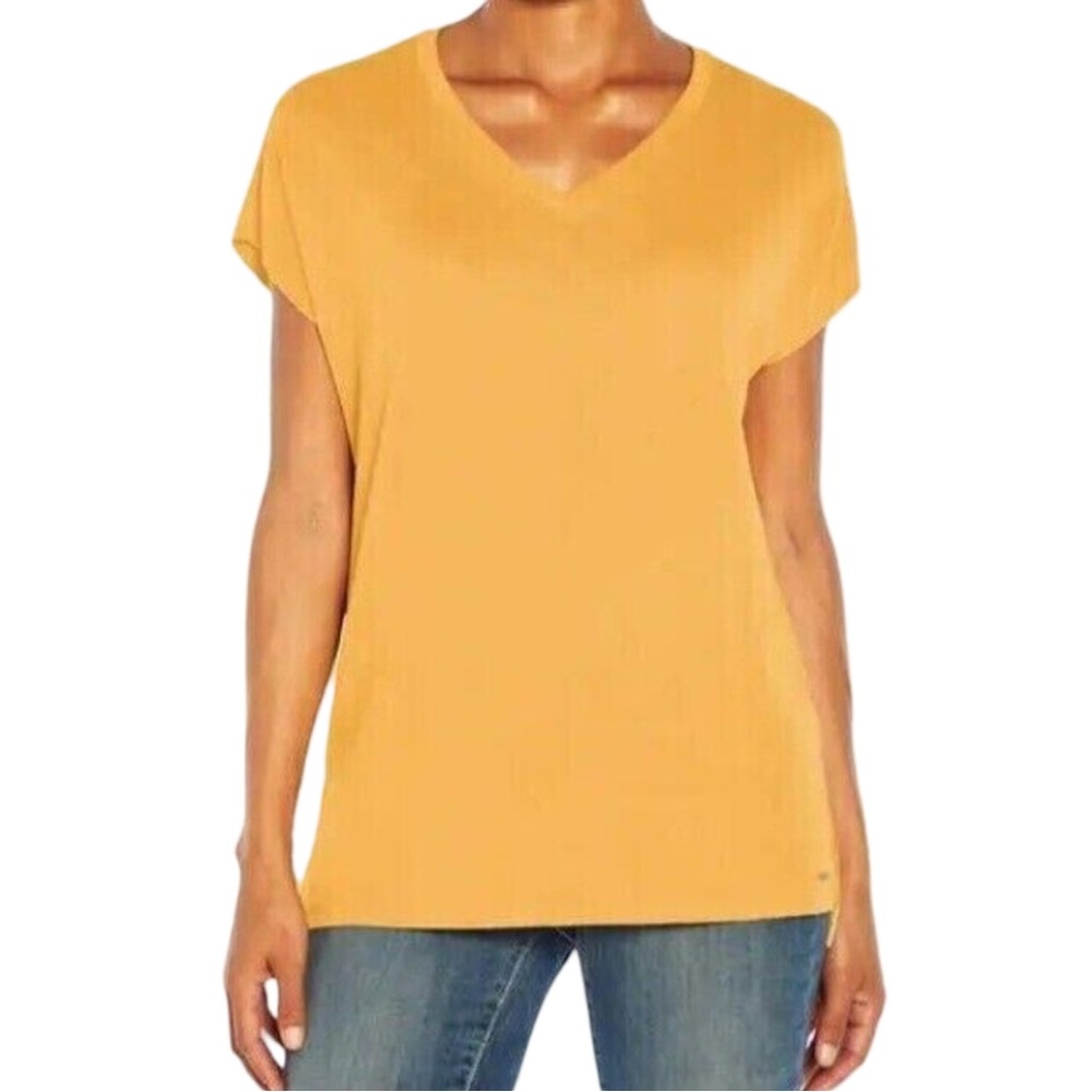 Orvis Women's Short Sleeve Soft V-Neck Tunic Knit Top Mustard Yellow Size Small